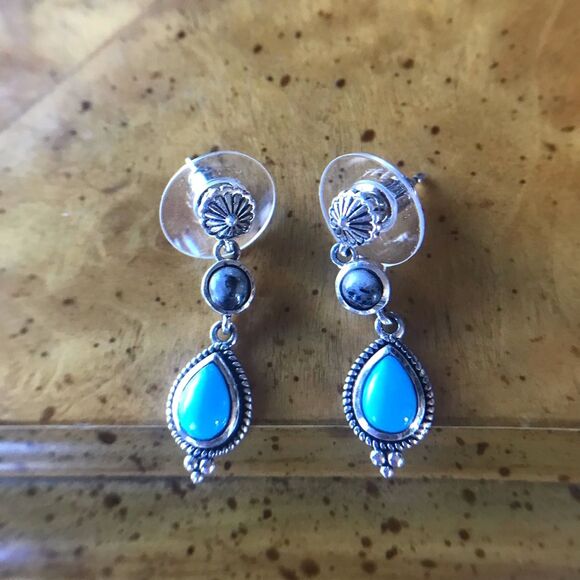 Sleeping Beauty Turquoise White Buffalo Sterling Silver Dangle Earrings - Picture 1 of 6